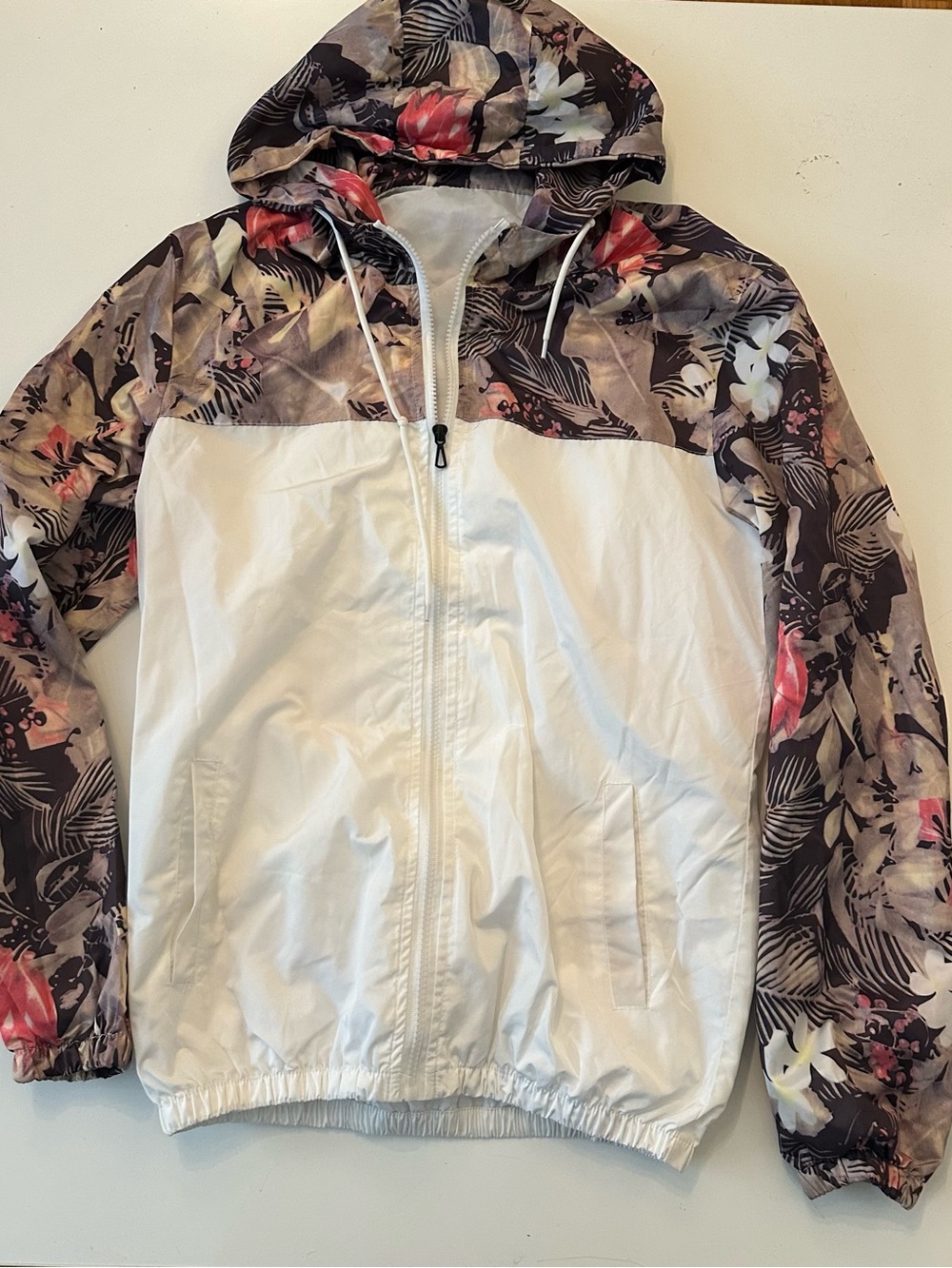 Floral Contrast Hooded Windbreaker Jacket - White and Multi
